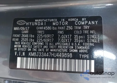 2017 Hyundai Tucson Se Plus из США, поврежденный, VIN KM8J33A47HU449898